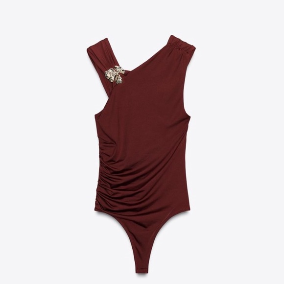 Zara Tops - Zara Asymmetrical Burgundy Bodysuit with Embellishment